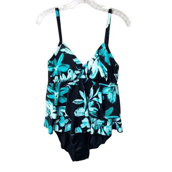 Trim Shaper Layered One Piece Swimsuit Size 10 Black Turquoise Floral Print NWOT - Picture 1 of 7
